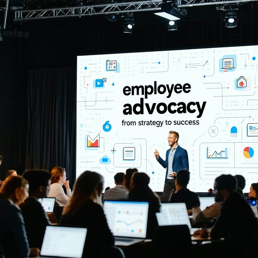 The image depicts a professional webinar setting with a sleek modern design A large screen displays the title Employee Advocacy From Strategy to Success in bold eyecatching typography Surrounding the screen are engaged participants a diverse group of-1